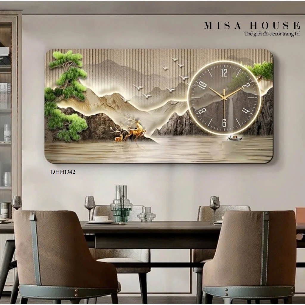 Đồng hồ tranh treo tường kim trôi hươu xám sơn thủy chạy trên mặt hồ đẹp để trang trí nhà quà tặng tân gia Đồng hồ tranh treo tường kim trôi hươu xám sơn thủy chạy trên mặt hồ đẹp để trang trí nhà quà tặng tân gia