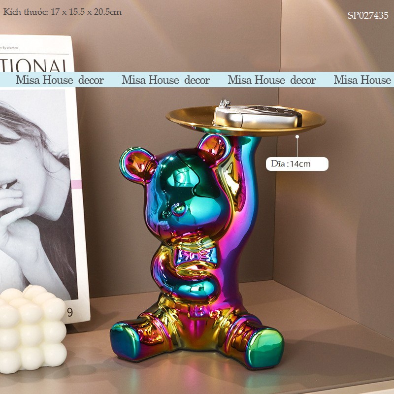 Tượng Gốm Sứ Bear Brick màu Bạc vàng Kèm Khay Đựng Đồ – Phong Cách Hiện Đại Sang Trọng 