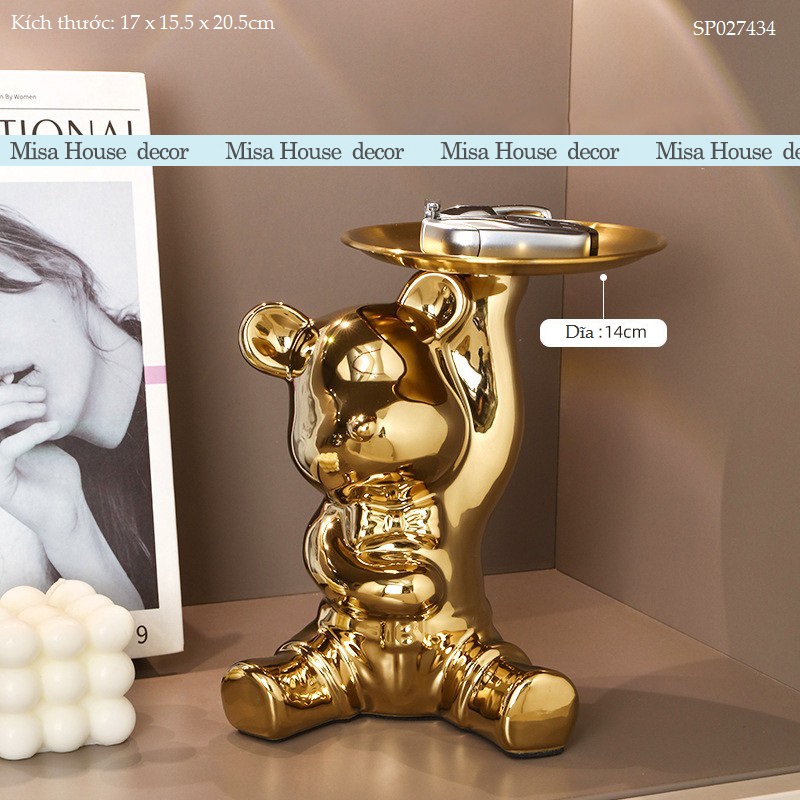 Tượng Gốm Sứ Bear Brick màu Bạc vàng Kèm Khay Đựng Đồ – Phong Cách Hiện Đại Sang Trọng 