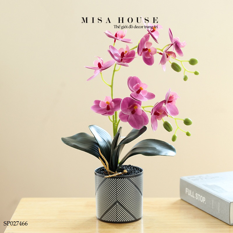 Bình hoa cắm sẵn hoa lan hồ điệp 2 nhánh trắng chậu nhựa hoa giống thật!!2200735397210-0-cib