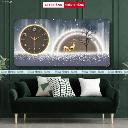 Tranh đồng hồ treo tường Hươu Vàng Tuyết Đêm hiện đại 40 x 80cm