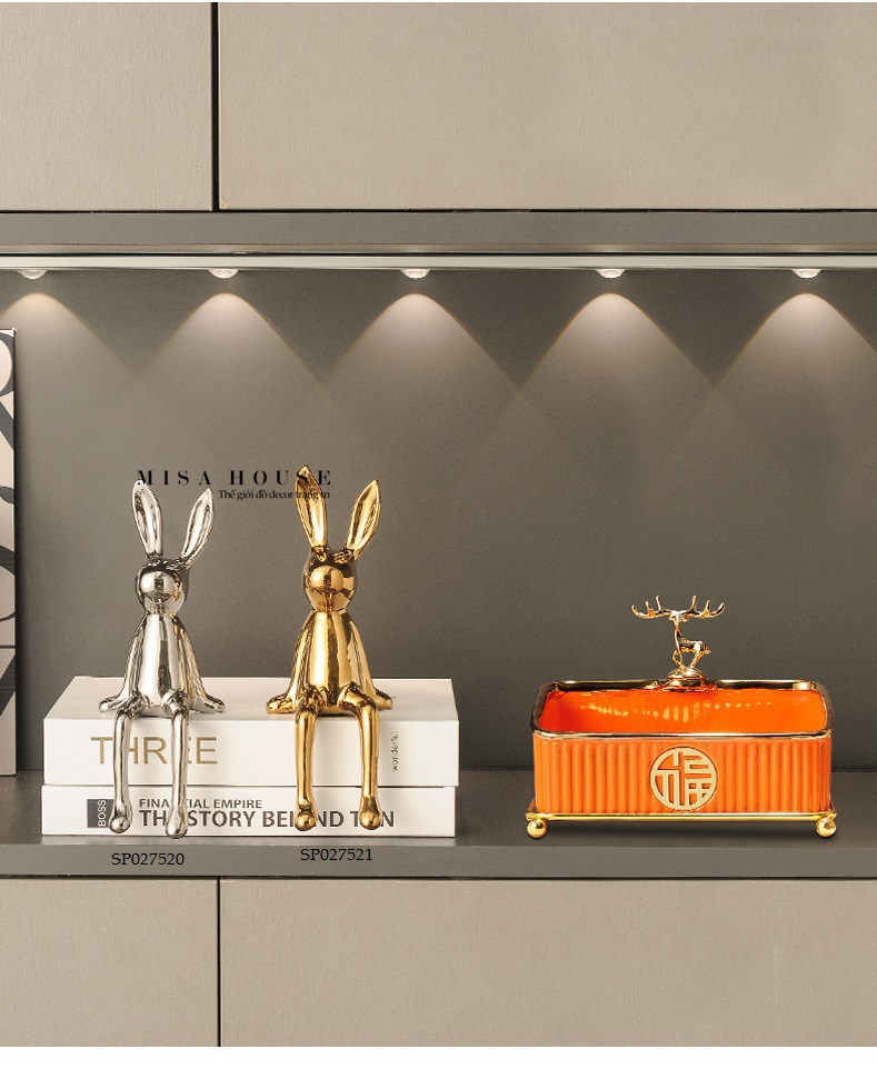 Tượng gốm sứ Thỏ tai dài chân rũ màu bạc vàng trắng decor hiện đại
