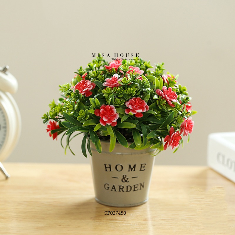 Chậu thiếc hoa tròn cây cảnh bonsai tròn hoa đỏ
