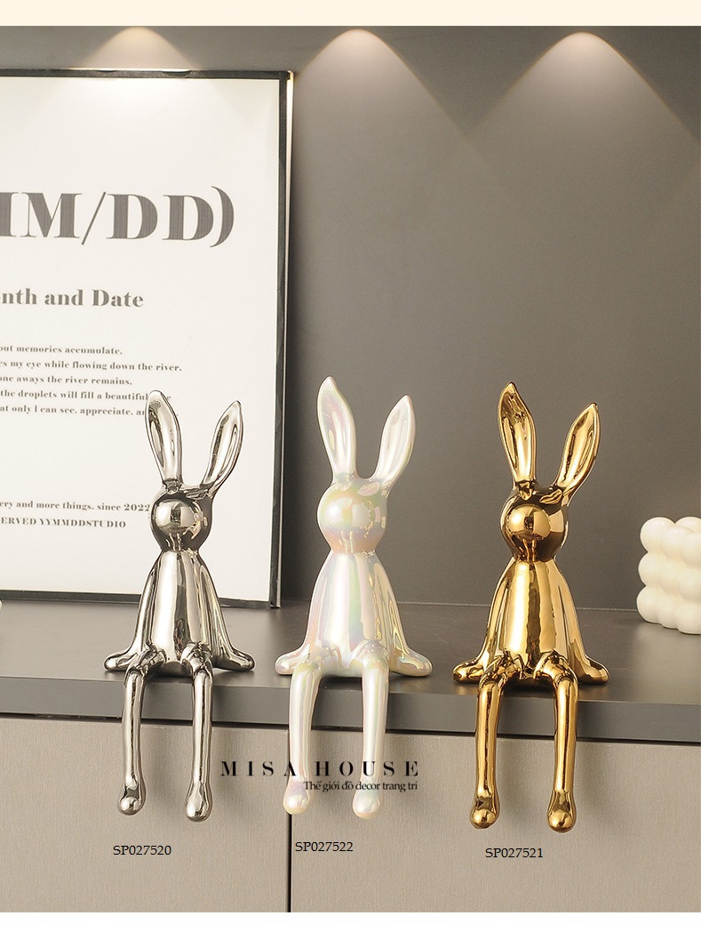 Tượng gốm sứ Thỏ tai dài chân rũ màu bạc vàng trắng decor hiện đại Tượng gốm sứ Thỏ tai dài chân rũ màu bạc vàng trắng decor hiện đại