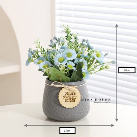 Bình hoa nhỏ để bàn hoa cúc kim tiền xanh dương chậu xám