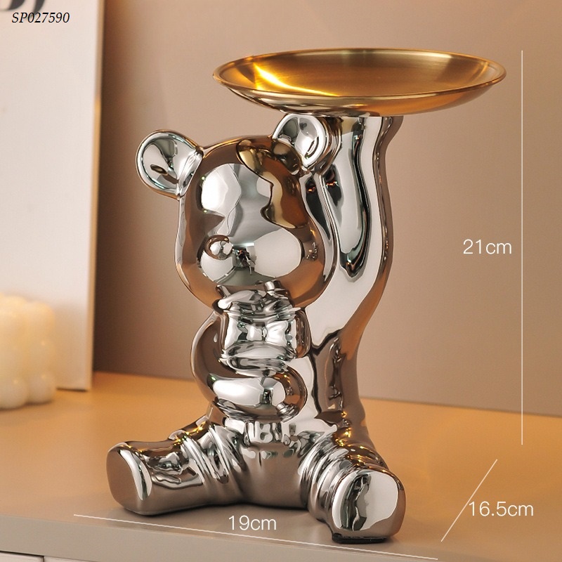 Tượng Gốm Sứ Bear Brick màu Bạc vàng Kèm Khay Đựng Đồ – Phong Cách Hiện Đại Sang Trọng 
