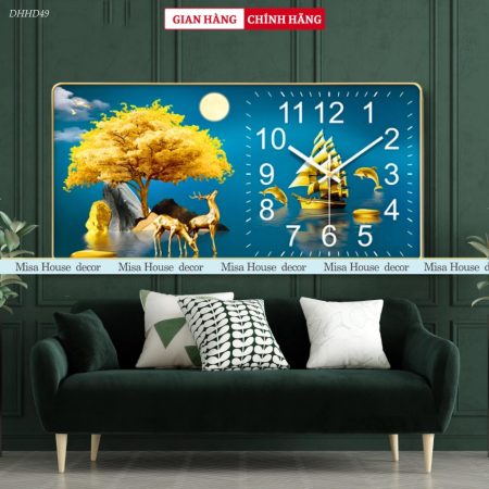 Tranh đồng hồ treo tường hươu vàng sơn thủy xanh 02 đồng hồ tráng gương tranh