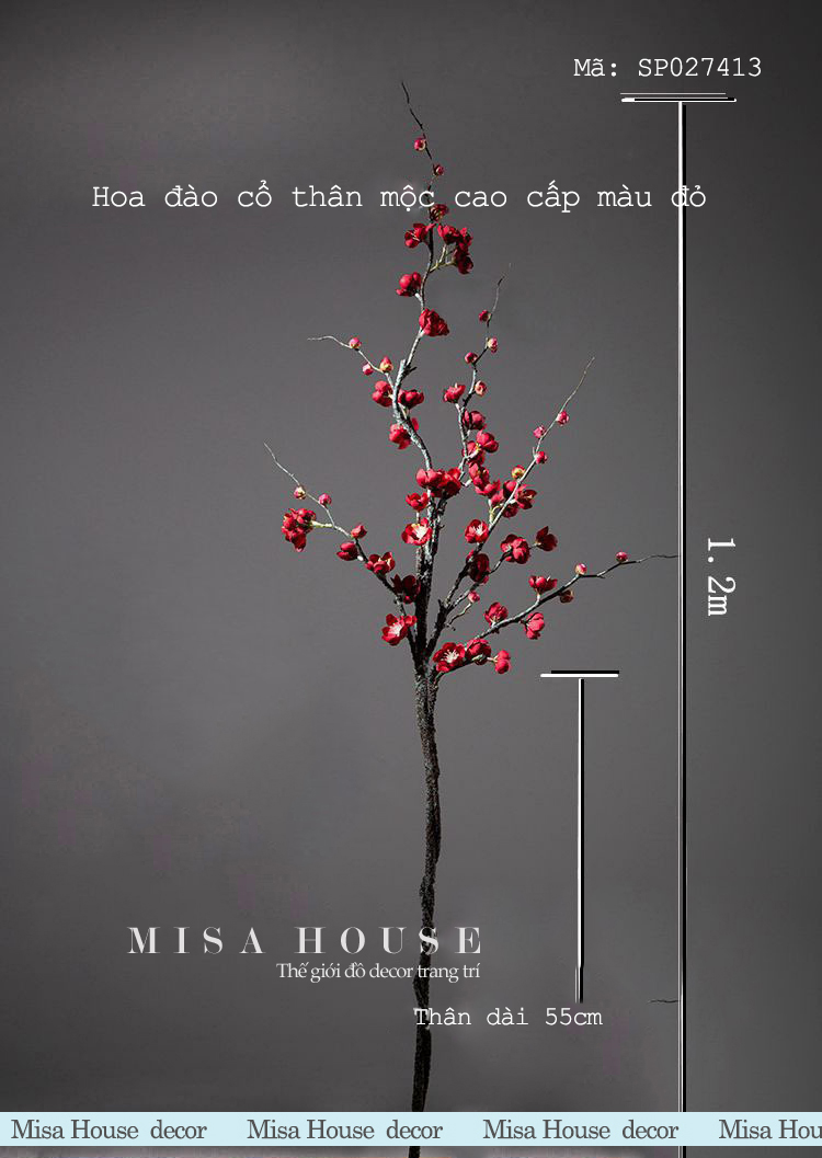 Hoa đào giả thân mộc đẹp trang trí ngày tết màu đỏ size lớn